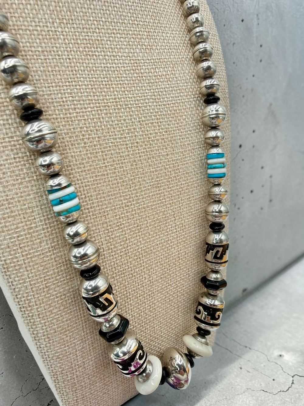 Thomas Singer Navajo Sterling Silver Turquoise Onyx MOP Bead Necklace 24” 74gram - Picture 12 of 17